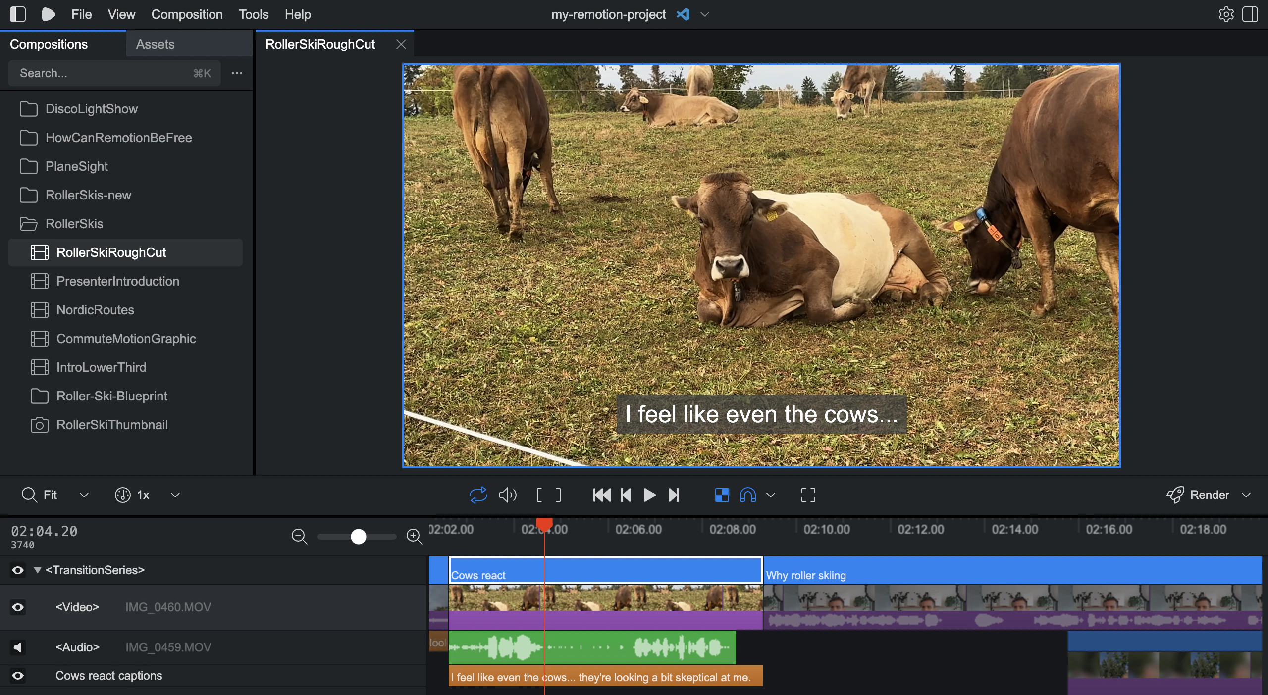 A countryside scene with cows in a Remotion Studio project named my-remotion-project, with the editing timeline visible.